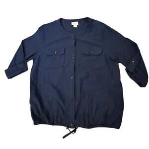 Liz Claiborne Navy Blue Cotton-Linen Utility Jacket Size L CoastalCasual Minimal